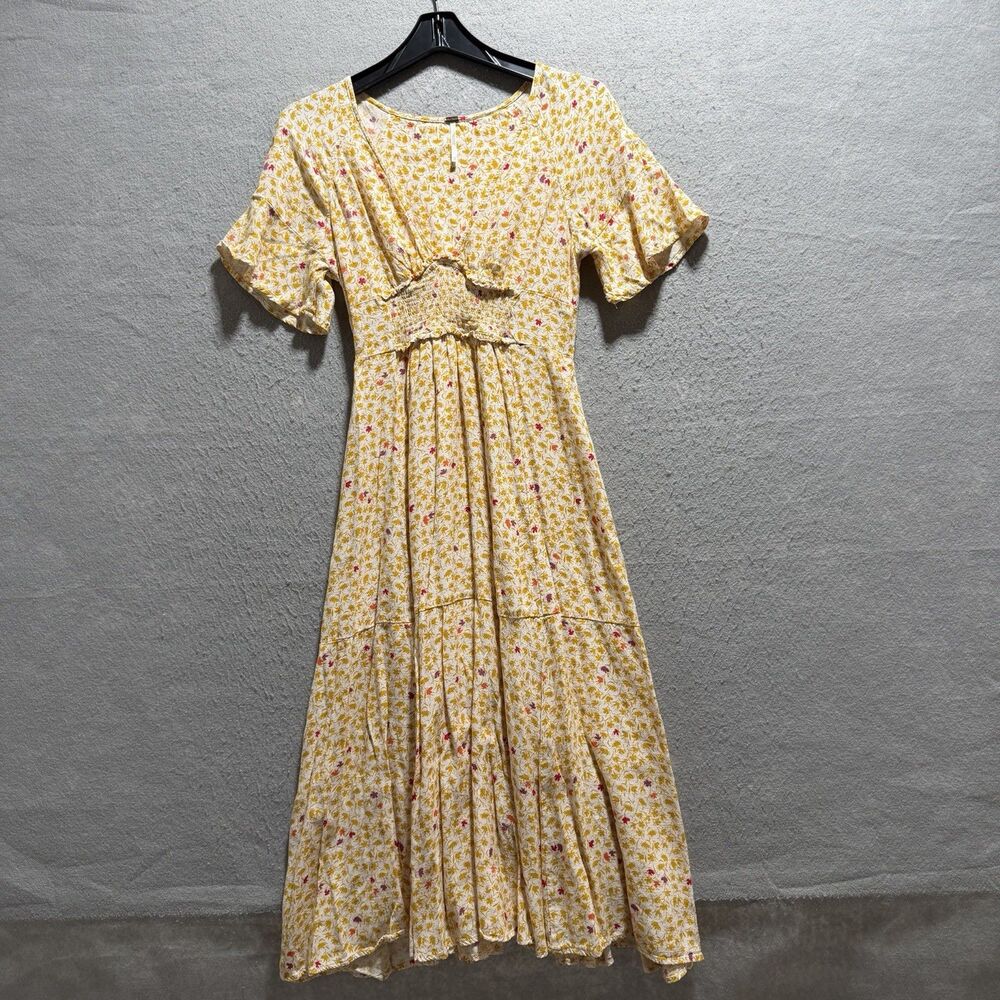 Free People Dress Womens XS XSmall In Full Bloom Yellow Floral Smocked Maxi Boho